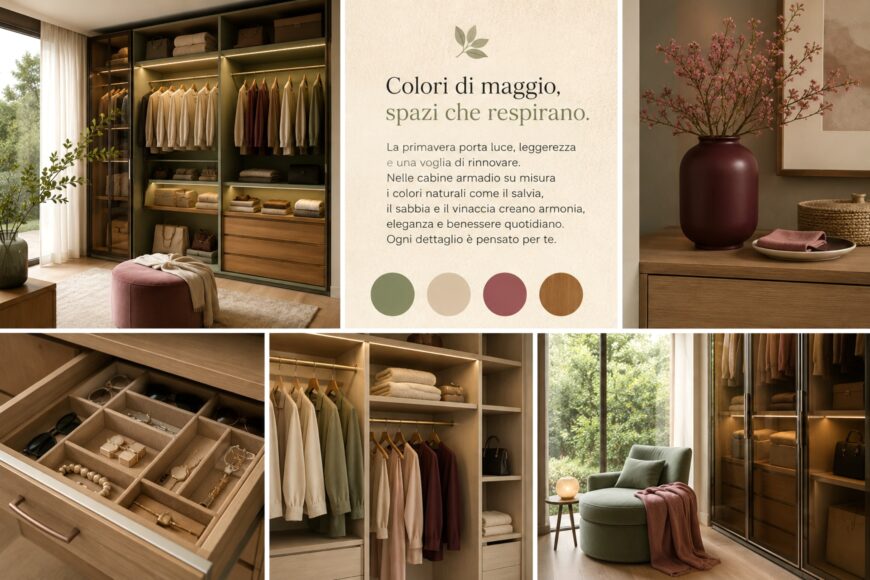 Cabine armadio moderne: i colori di maggio tra eleganza e luce naturale