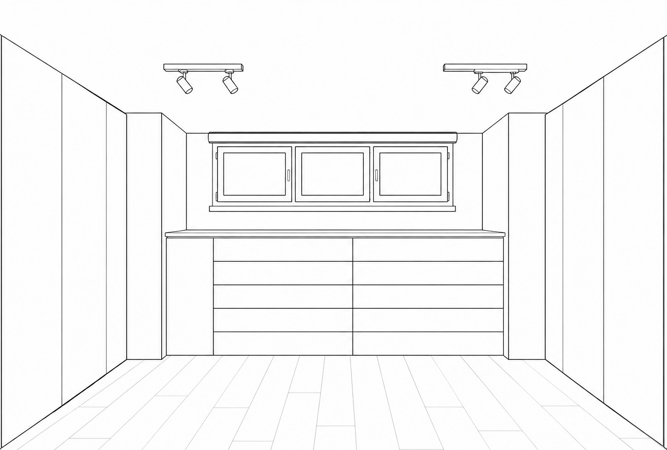 Disegno tecnico in bianco e nero di armadi sottotetto su misura realizzati a Velletri