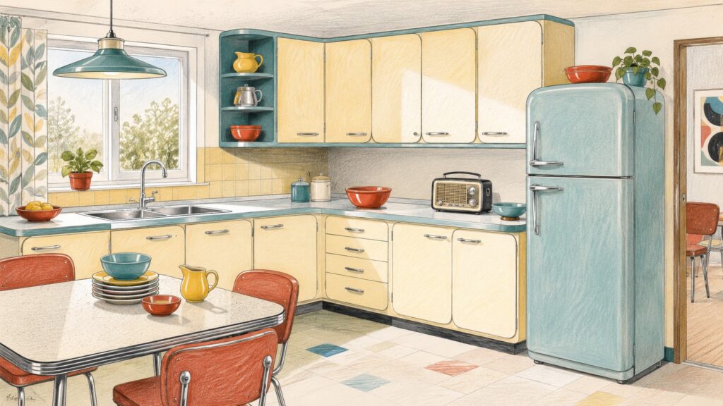 Cucina degli anni Cinquanta in laminato plastico con ante arrotondate a saponetta
