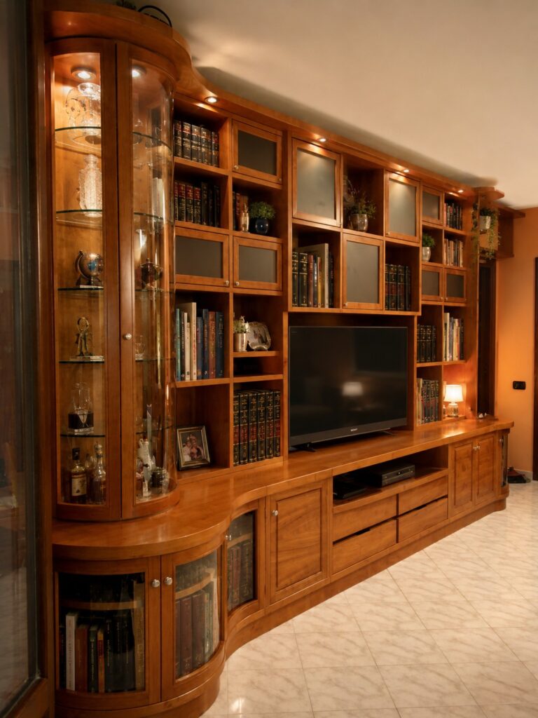 Libreria in ciliegio su misura con vano TV, vetrine curve, libri e oggetti decorativi