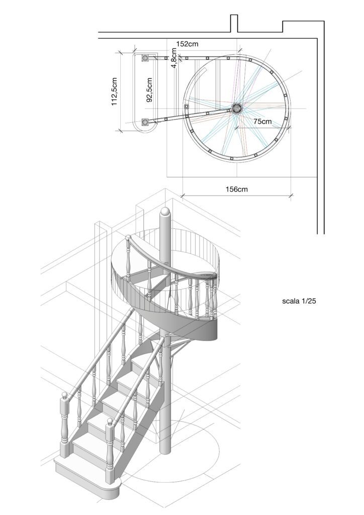 Disegno tecnico in pianta e prospettiva di una scala in noce nazionale su misura