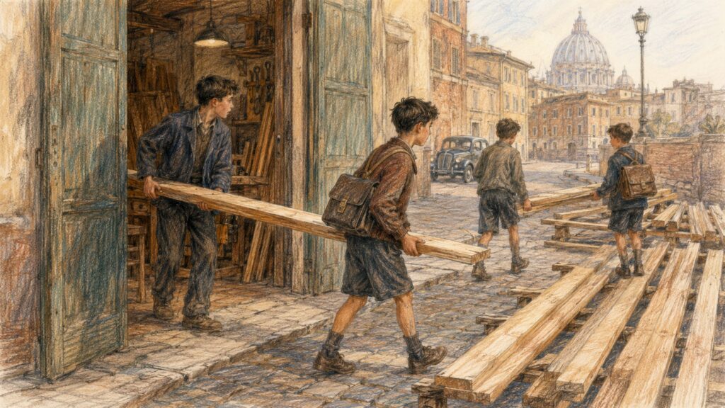 Ragazzi portano le tavole fuori da una falegnameria nella Roma del dopoguerra