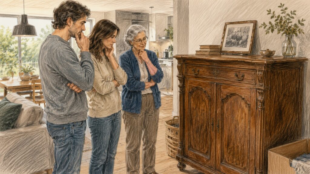 Famiglia davanti a un vecchio mobile di legno con valore affettivo prima di cambiarlo