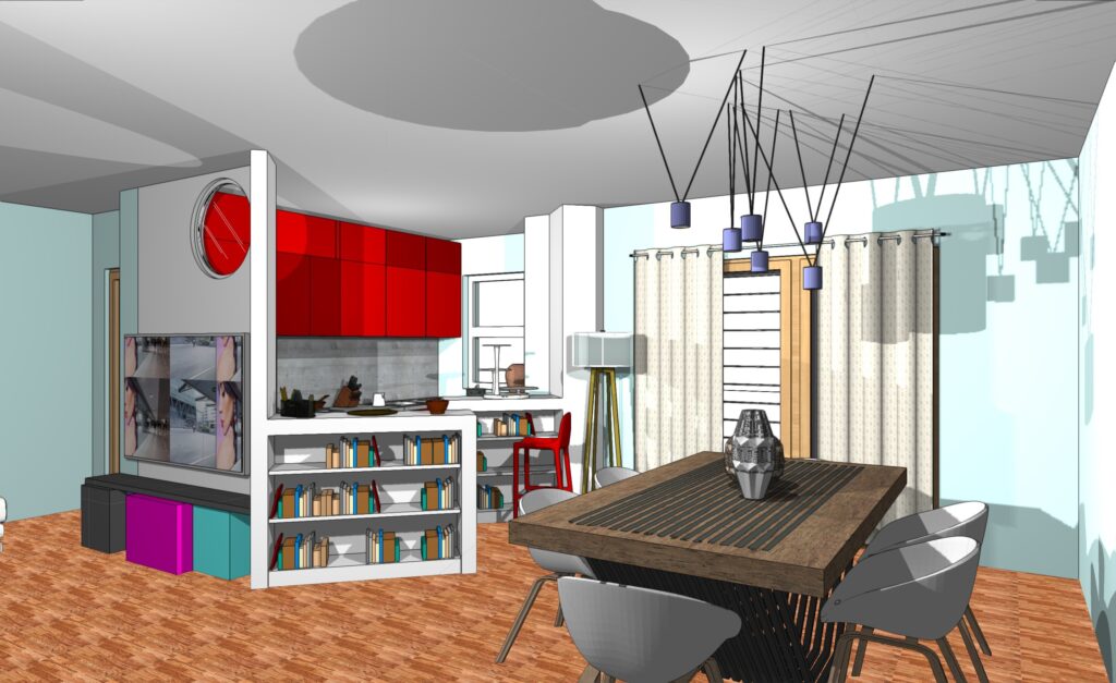 Progetto zona giorno con librerie divisorie, mobile TV e tavolo da pranzo per appartamento a Grottaferrata