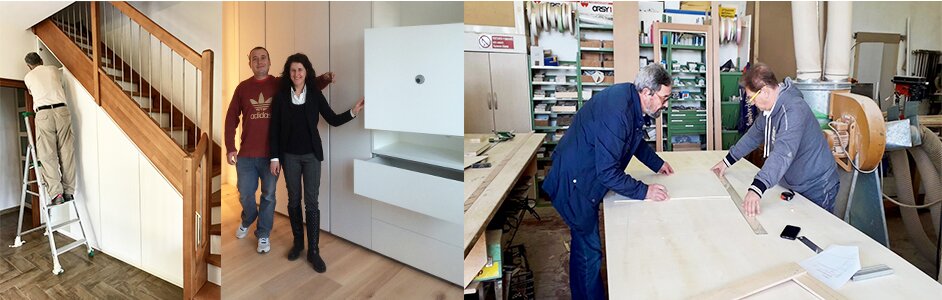 Realizzazione artigianale e installazione di armadi su misura Artigiani al lavoro nella costruzione di armadi su misura e installazione finale con clienti soddisfatti.