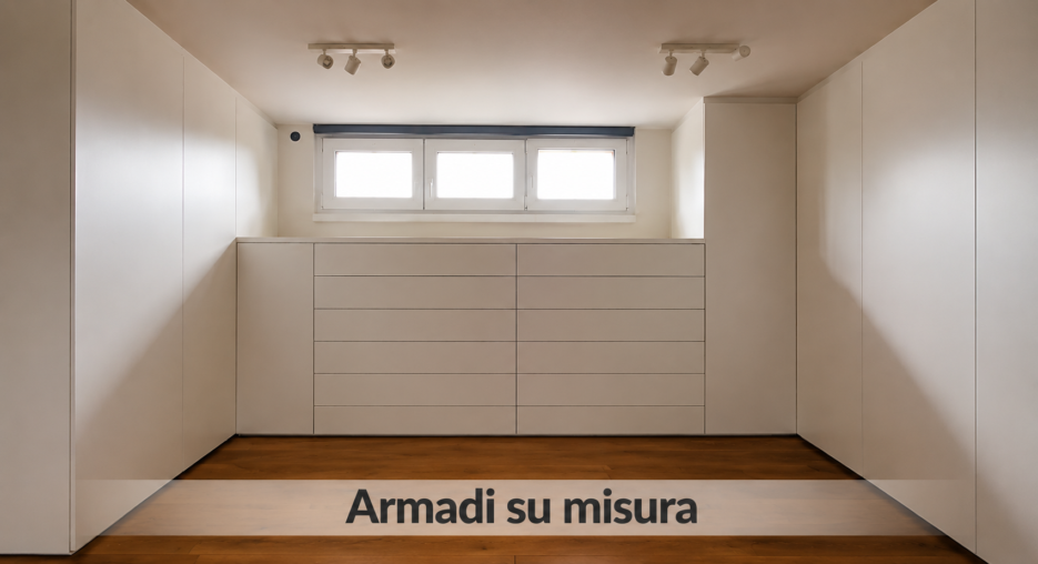 Armadi su misura con ante moderne, ripiani a vista e chiusi, ideali per arredare una camera con stile ed efficienza.