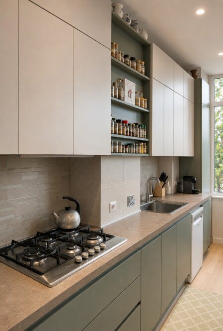 Cucina su misura verde salvia con pensili bianchi, piano cottura a gas, lavello, top chiaro e vani a giorno per spezie e accessori.