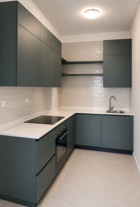 Cucina su misura verde salvia con top chiaro, piano a induzione, forno integrato, pensili alti e rivestimento effetto mattoncino.
