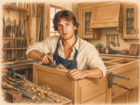 Illustrazione di Fabio Cugini giovane falegname mentre lavora il legno per una cucina artigianale realizzata nel 1988.