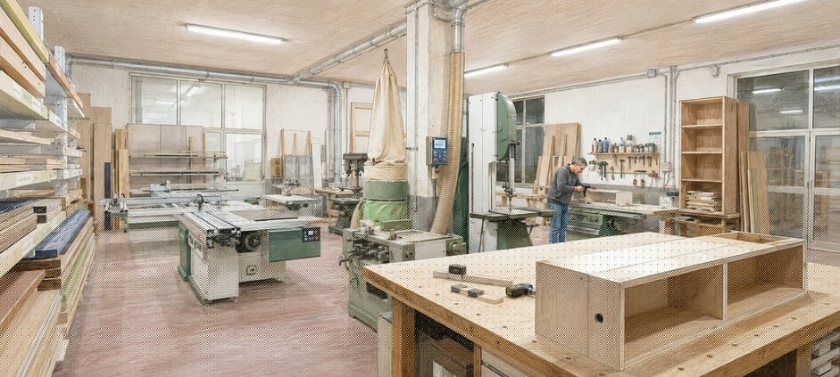 Rappresentazione grafica di una falegnameria attrezzata per lavorazioni e arredamenti su misura