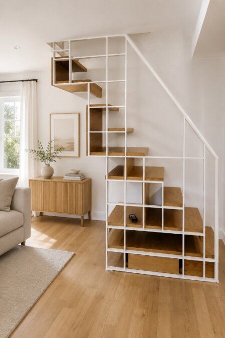 Scala libreria con gradini in legno e vani contenitore integrati nella struttura