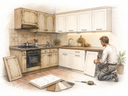 Illustrazione di una vecchia cucina rinnovata con nuove ante, nuovo top e intervento del falegname durante il montaggio.