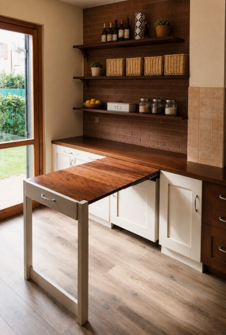 Tavolo a scomparsa estraibile integrato in una cucina con piano in legno, basi chiare, mensole e parete effetto mattoni.